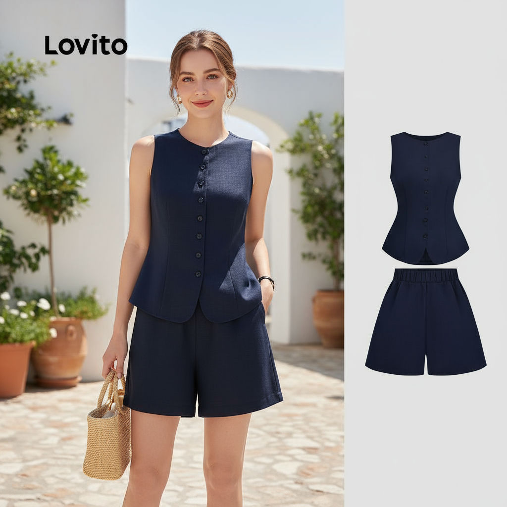 Lovito ชุดกางเกงขาสั้นสีเทาเข้มผ่าหน้าพร้อมกระดุมหรูหราสำหรับผู้หญิง LB135LD426