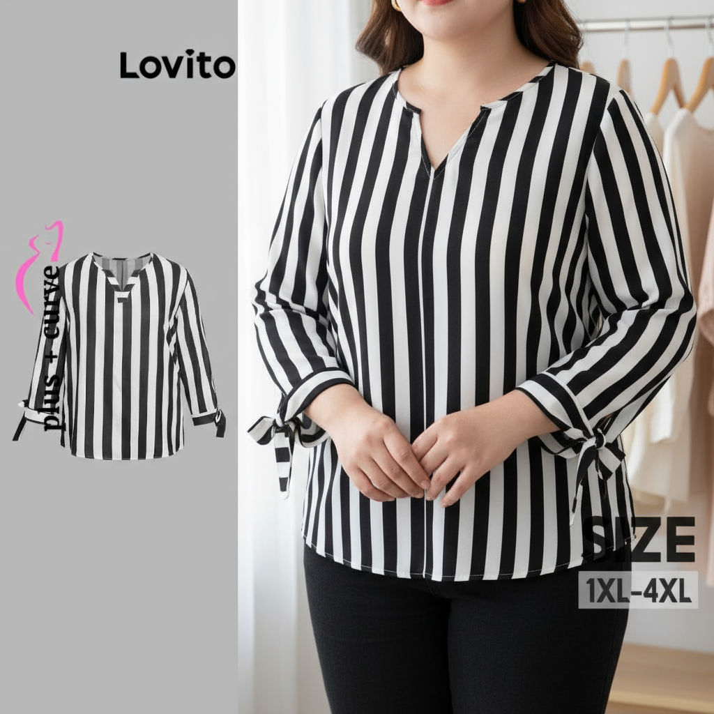 Lovito เสื้อเบลาส์ไซส์ใหญ่ลําลองผูกเชือกดีไซน์ลายทางสําหรับผู้หญิง รุ่น LBL19053