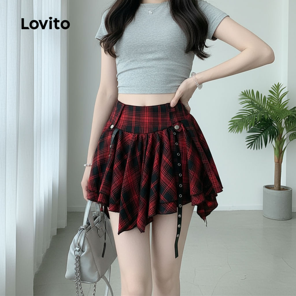 Lovito กระโปรงผู้หญิงลายสก็อตสีตัดกันจับจีบสไตล์คริสต์มาส LNE75416