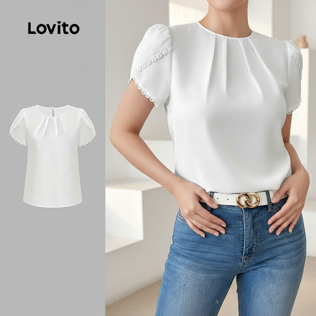 Lovito เสื้อเบลาส์ผู้หญิง ผ้าลูกไม้ สีขาว สไตล์ลําลอง L134ED441\3