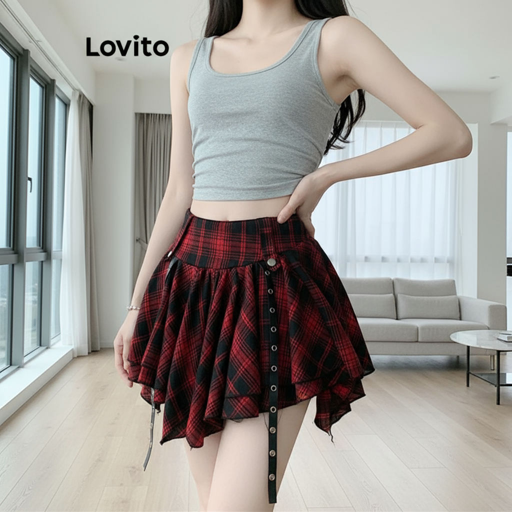 Lovito กระโปรงผู้หญิงลายสก็อตสีผสมจีบทรงลําลองสําหรับเทศกาลคริสต์มาส LNE75416\5