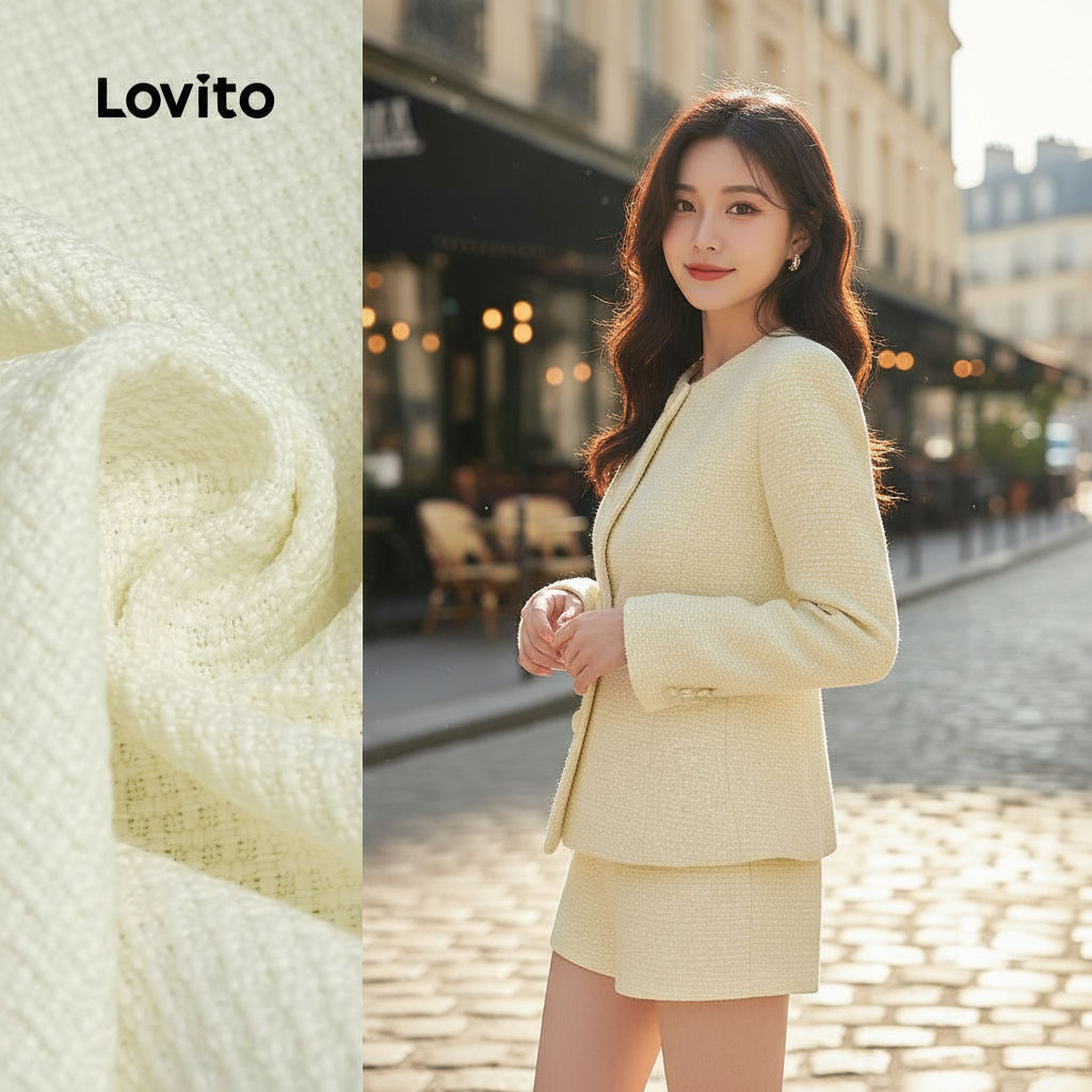 Lovito เสื้อแจ็คเก็ตคาร์ดิแกนแขนยาวสไตล์ Chanel กางเกงขาสั้นทรงตรง Tweed SHB156TD169