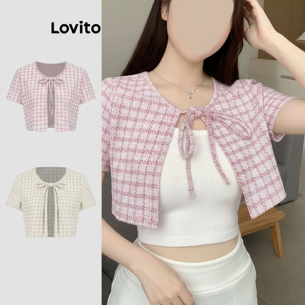 Lovito เสื้อเชิ้ตผู้หญิงลูกไม้ลายสก๊อตผ้าลายผูกด้านหน้าสําหรับฤดูใบไม้ผลิและฤดูร้อน L90AD001 (หลากสี