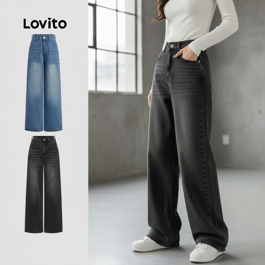 Lovito กางเกงยีนส์ผู้หญิงลําลอง ลายแมว กระเป๋าข้าง สําหรับสุภาพสตรี L106AD1240\3