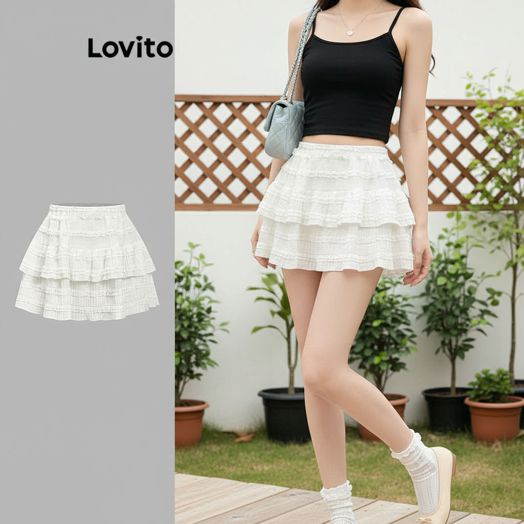 Lovito กระโปรงผู้หญิง สไตล์ลําลอง ชายระบาย ดีไซน์เรียบง่าย L88AD161\2