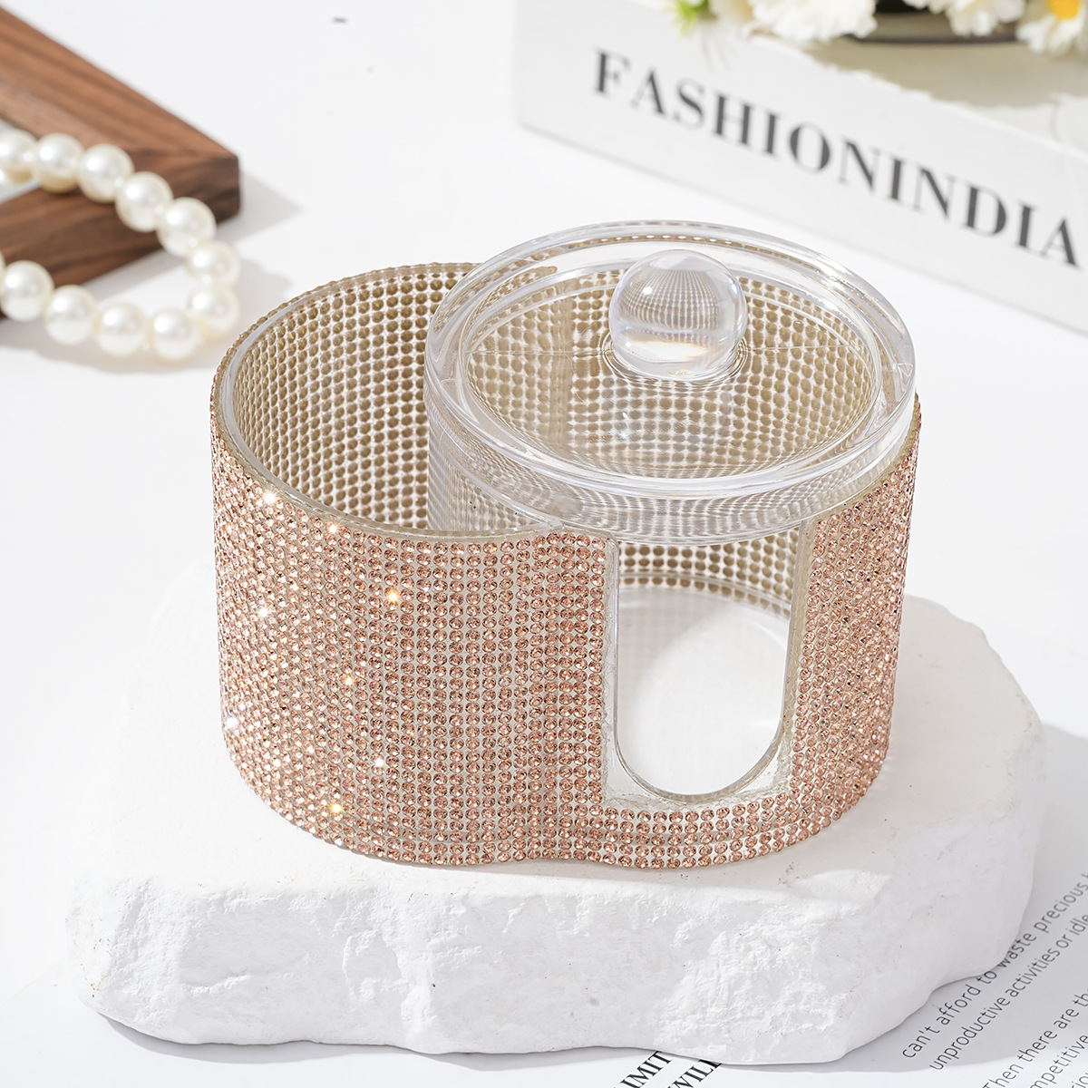 Bling Diamond-studded Swivel Makeup Organizer – กล่องเครื่องสําอางกันฝุ่นทรงกลมพร้อมฝาปิดใส – สําหรั