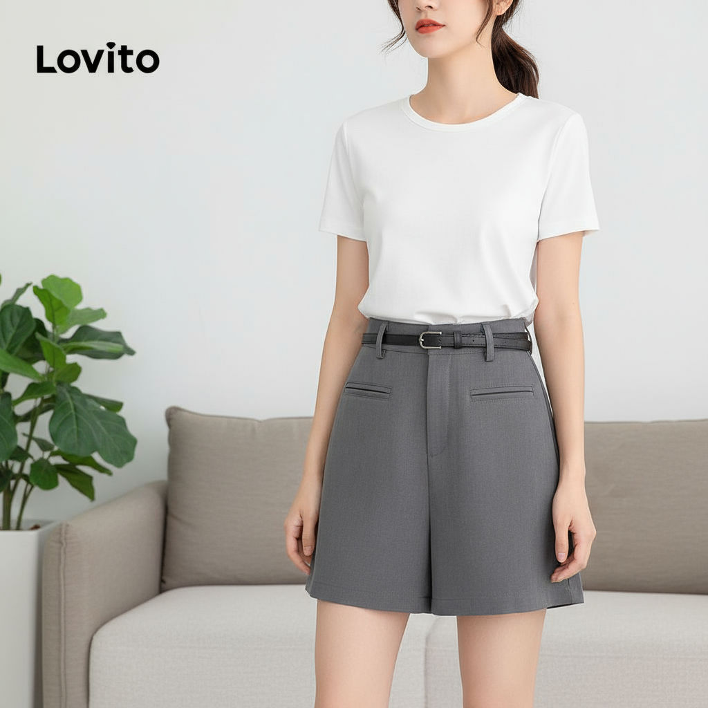 trendy2-Lovito กางเกงขาสั้นลําลอง กางเกงขาสั้นกระเป๋าปลอมจีบธรรมดาสําหรับผู้หญิง LNE57601