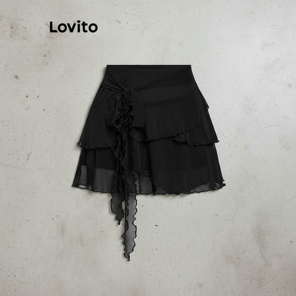 Lovito กระโปรงลําลองผู้หญิงทรงระบายเรียบง่าย L110AD213