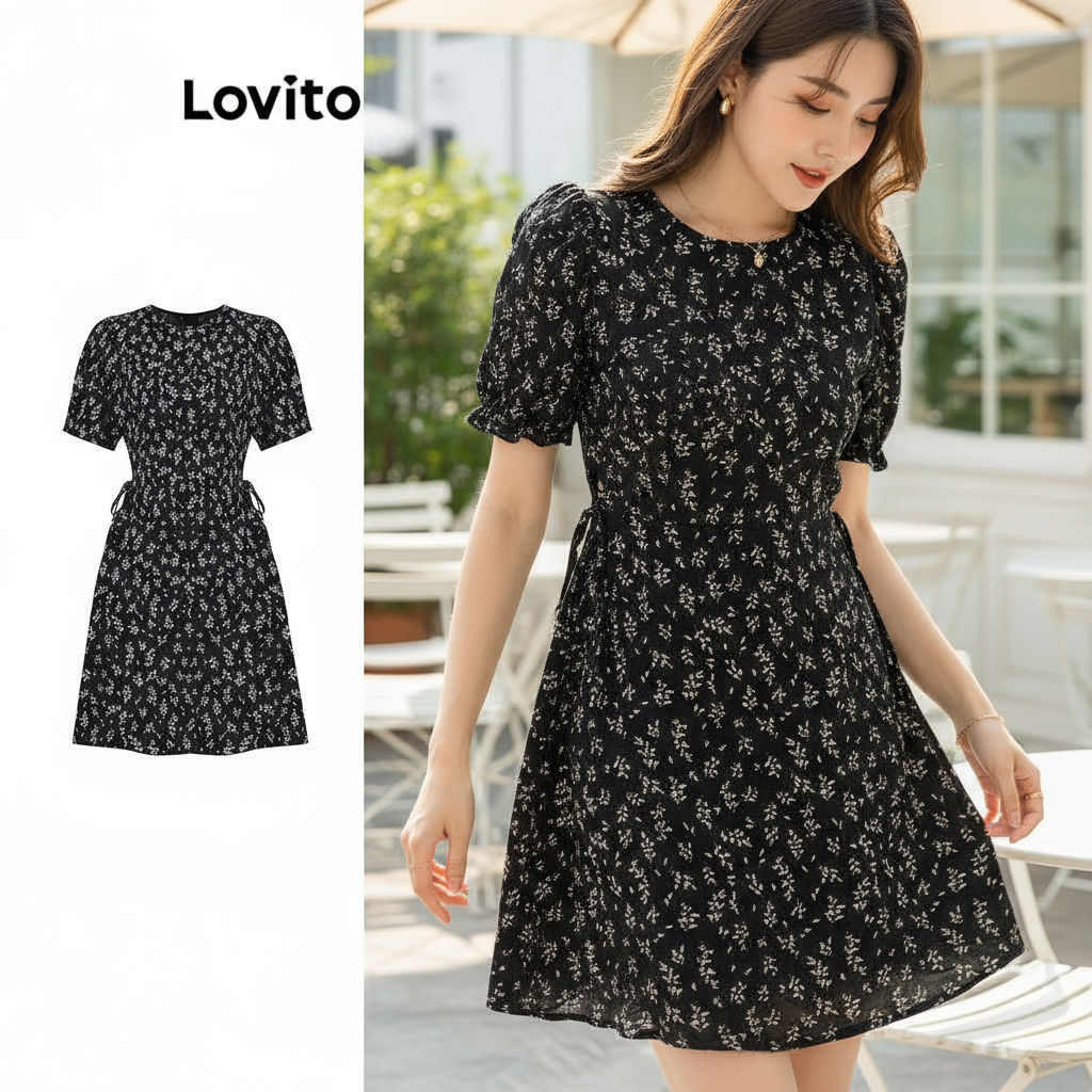 Lovito แคชชวล เดรสผู้หญิง ลายดอกไม้ ผูกเชือกด้านหน้า น่ารัก รุ่น L102AD303