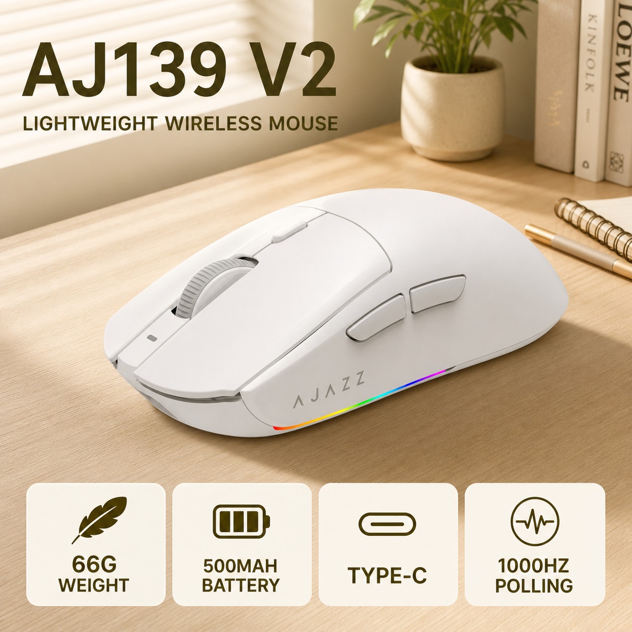 AJAZZ AJ139 V2 เมาส์เกมมิ่งไร้สาย ดีไซน์น้ําหนักเบา ชาร์จ USB-C