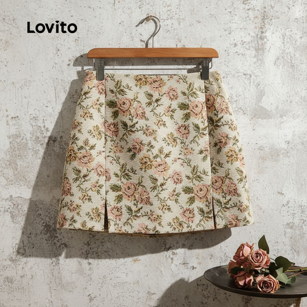 Lovito กระโปรงผู้หญิงผ้าแจ็คการ์ดลายดอกไม้งานหรู L124AD789