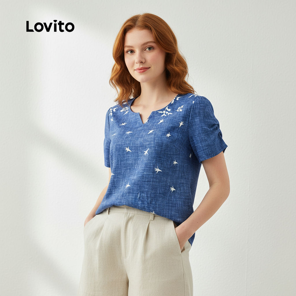 (trendy3)Lovito เสื้อเบลาส์ลายเรขาคณิตลําลองสําหรับผู้หญิง L132ED044