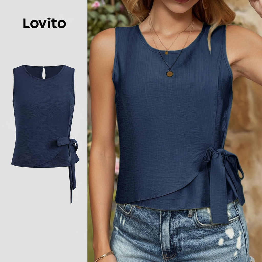 Lovito เสื้อกล้ามลำลองสีพื้นไม่สมมาตรสำหรับผู้หญิงในช่วงฤดูร้อน L123ED655\2
