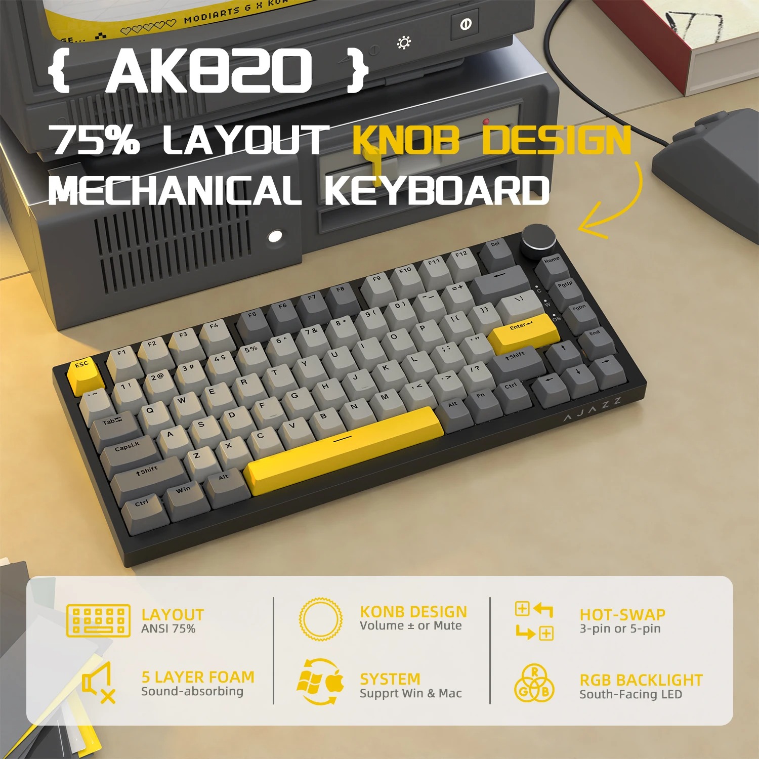คีย์บอร์ดแมคคานิคอลไฟ RGB อวาตาร์แบบ 3 โหมด AJAZZ AK820 Pro สวิตช์แบบถอดได้พร้อมปุ่มปรับหมุน สําหรับ