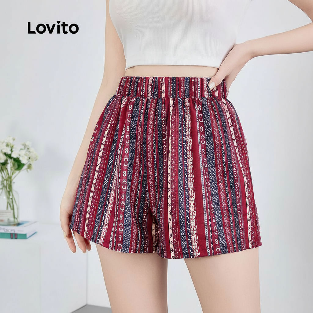 trendy3-Lovito กางเกงขาสั้นพิมพ์ลายชนเผ่าสไตล์โบฮีเมียนสำหรับผู้หญิง L128ED722