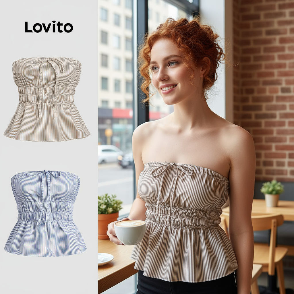 Lovito เสื้อกล้ามผู้หญิงลายทาง ผูกเชือกด้านหน้า สไตล์ลําลองฤดูร้อน รหัสสินค้า L116LD255