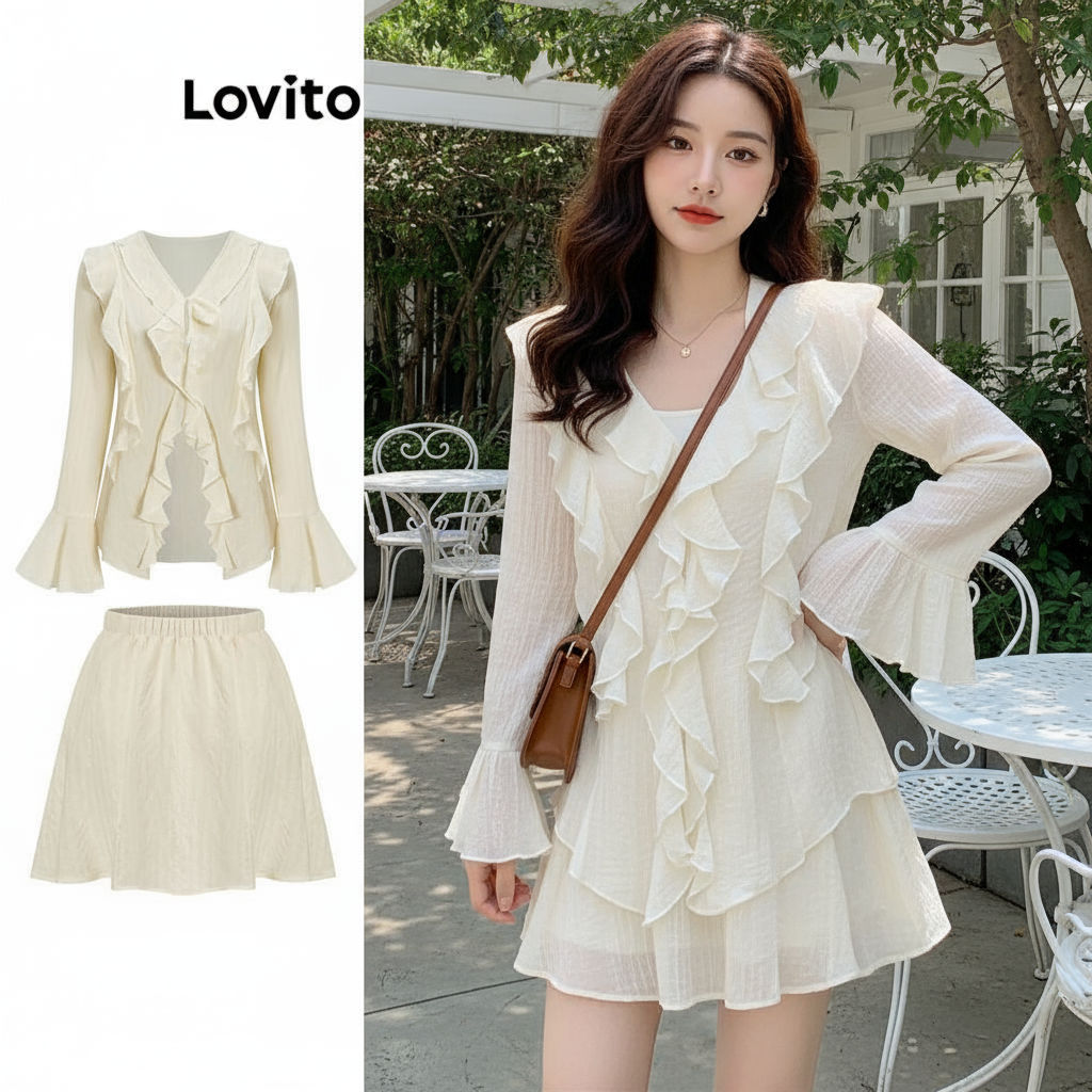 Lovito เสื้อผู้หญิงลําลอง นัวเนีย เรียบง่าย มีซับใน พร้อมเสื้อเซฟตี้หรือกระโปรง L61AD100