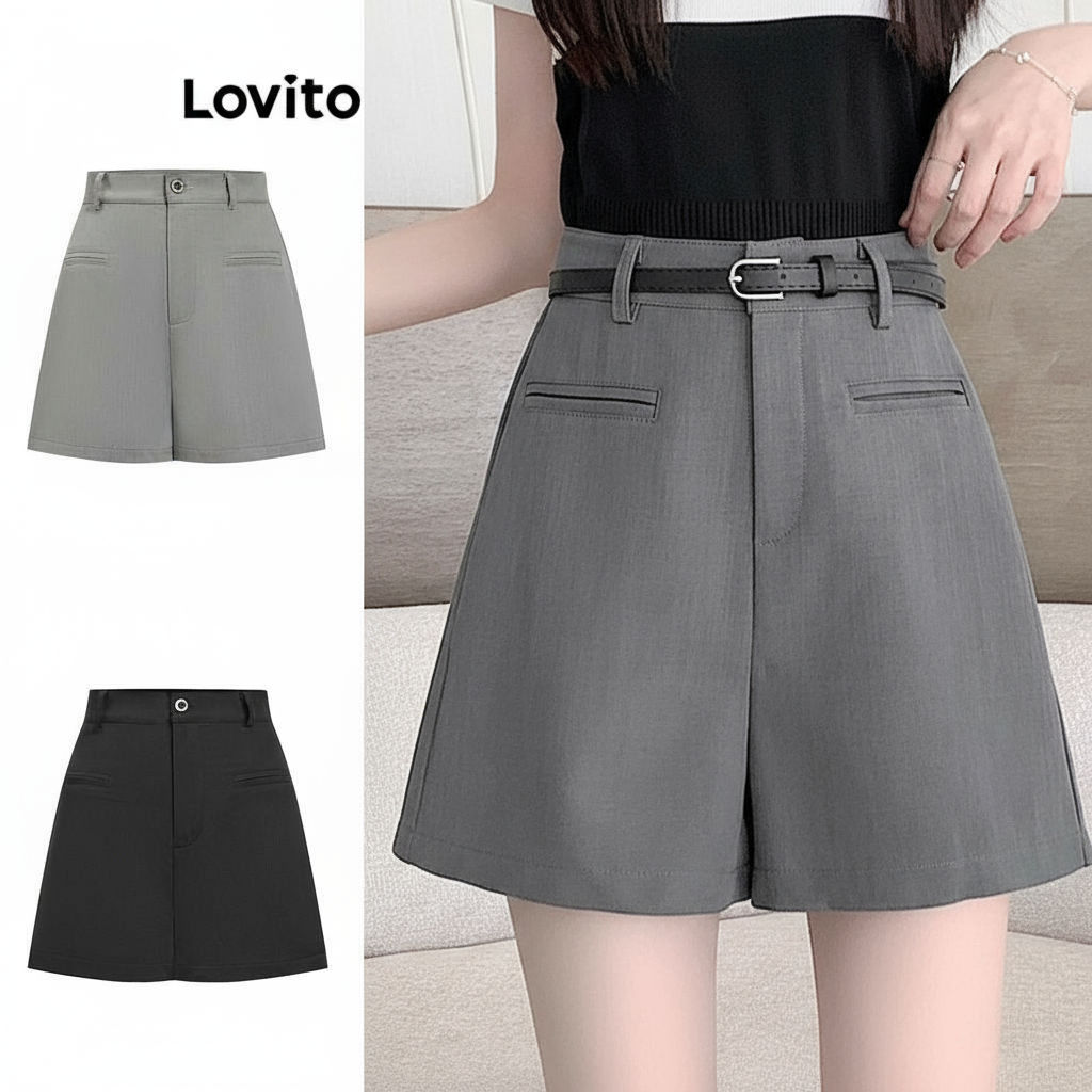 trendy3-Lovito กางเกงขาสั้นลําลอง กางเกงขาสั้นกระเป๋าปลอมจีบธรรมดาสําหรับผู้หญิง LNE57601