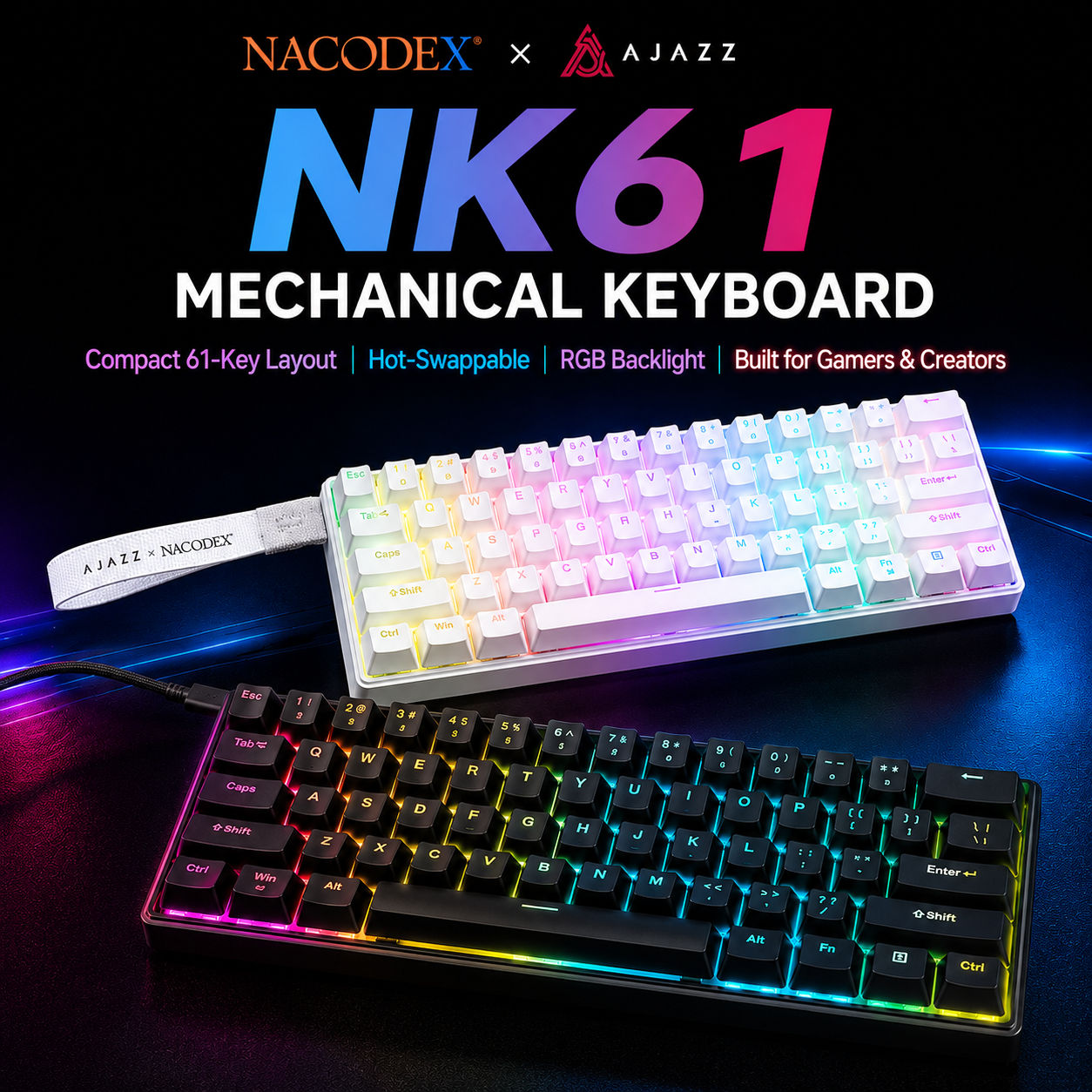 คีย์บอร์ดแมคคานิคอลแบบสาย ขนาดกะทัดรัด 61% (61 ปุ่ม) Ajazz NK61 ปุ่มสวิตช์เรดแบบเปลี่ยนได้ทันที ไฟ R