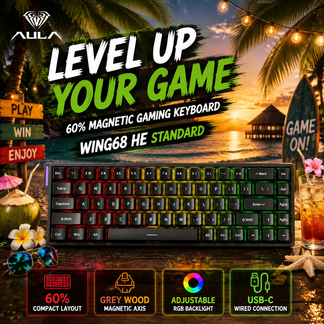 คีย์บอร์ดเกมมิ่ง AULA WIN68 HE สวิทช์แม่เหล็กแบบมีสาย 68 ปุ่ม คีย์บอร์ดแมคคานิคอล RGB Rapid Trigger霍