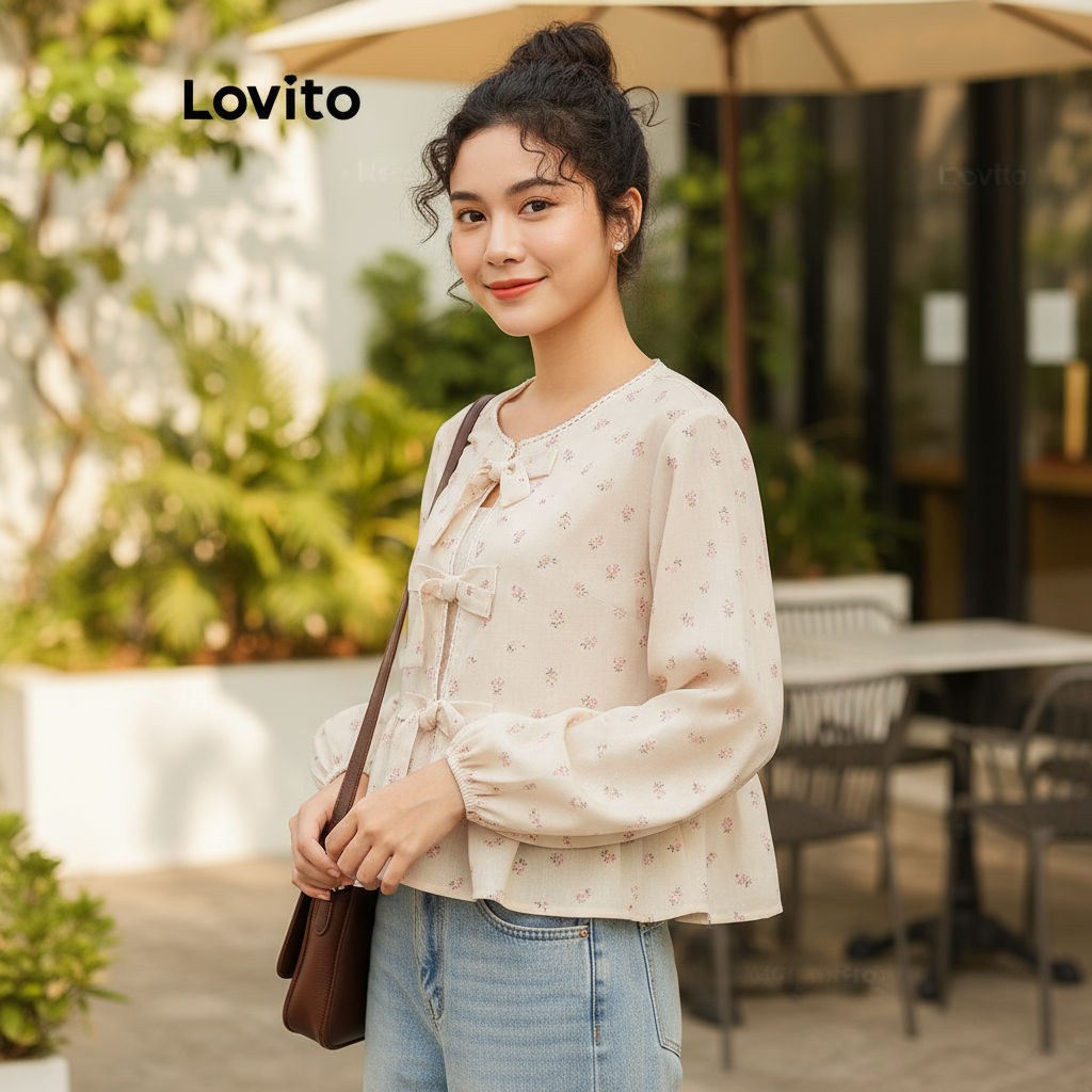 (trendy3)Lovito เสื้อเบลาส์ลูกไม้  ผูกเชือกด้านหน้า ลายดอกไม้  สไตล์น่ารัก L106AD869