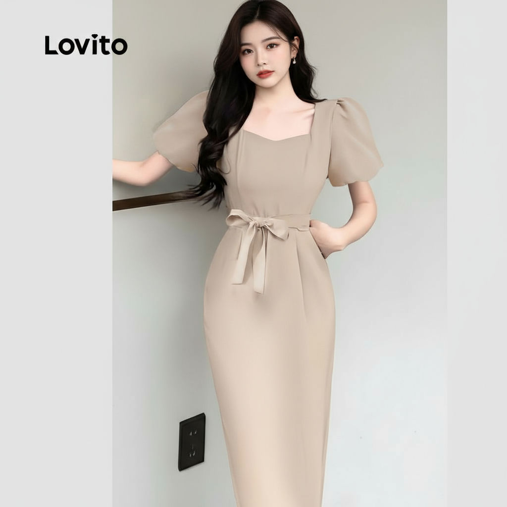 trendy3-Lovito ชุดเดรสสีกากีอ่อนลูกไม้ขึ้นฤดูร้อนฤดูใบไม้ผลิสําหรับผู้หญิง L134ED690
