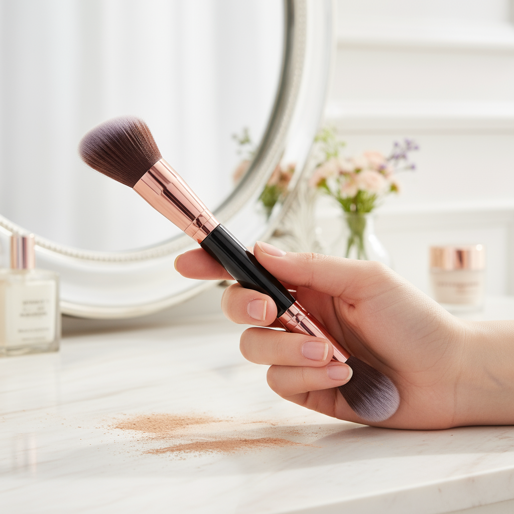 แปรงไฮไลท์และคอนทัวร์ 2-in-1 แบบพกพาสําหรับแป้งและบลัชแต่งหน้า