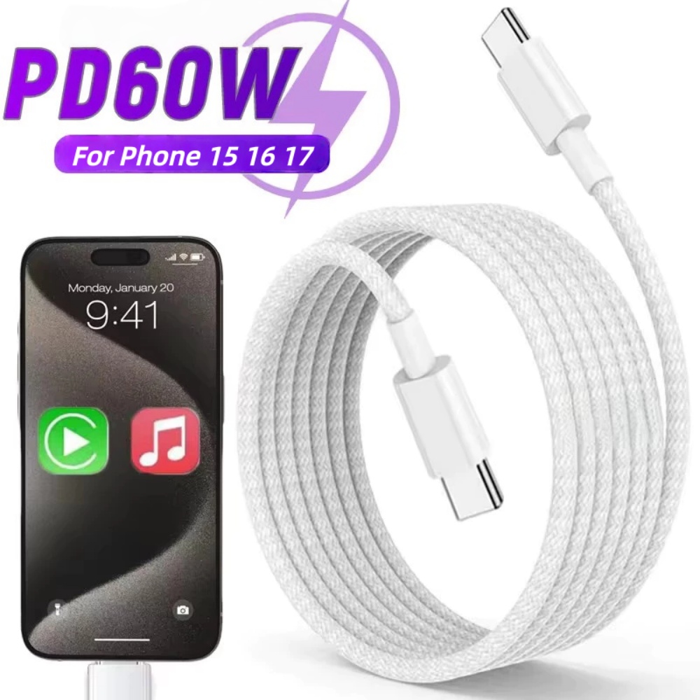 สายชาร์จเร็ว USB-C ถัก PD 60W สําหรับ Phone 15 16 17 Pro Max, Pad, Xiaomi, Mi, Samsung