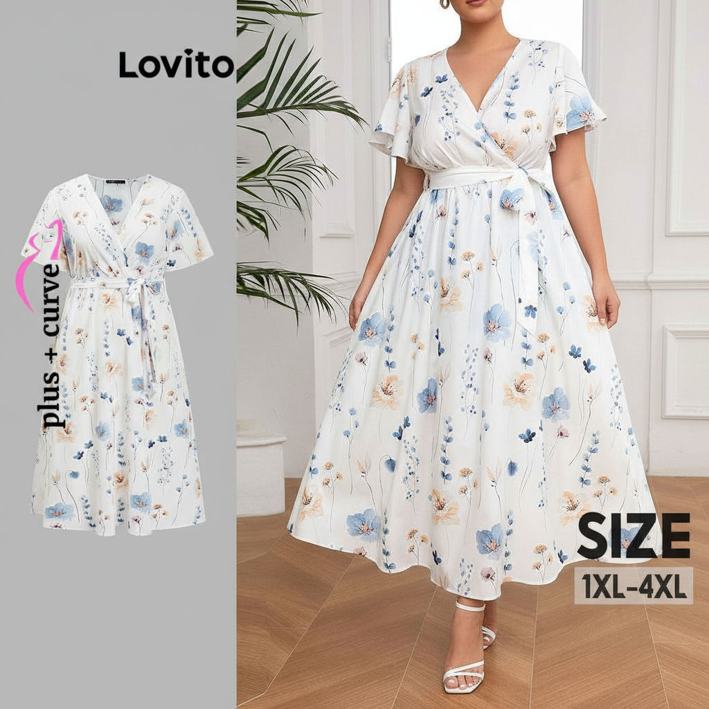 Lovito เดรสโค้งขนาดใหญ่ สไตล์โบฮีเมียน ลายดอก ผูกเชือก สําหรับผู้หญิง รหัส LBL18750\4