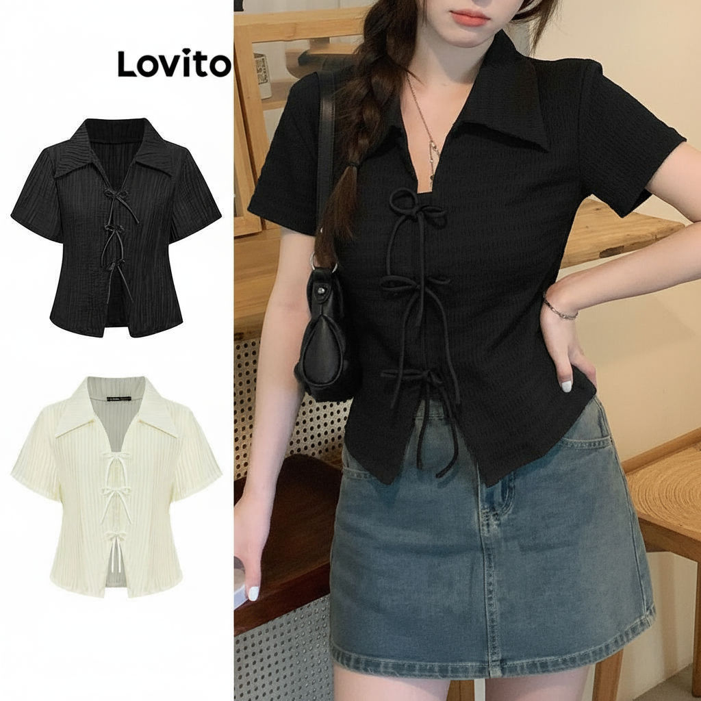 Lovito เสื้อผู้หญิงผ้าแจ็คการ์ดดีไซน์โบว์สําหรับฤดูร้อน L87ED028 (หลากสี)\3