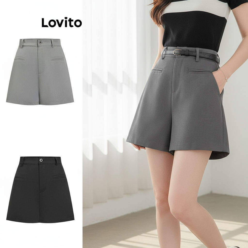 Lovito กางเกงขาสั้นลําลอง กางเกงขาสั้นกระเป๋าปลอมจีบธรรมดาสําหรับผู้หญิง LNE57601\5