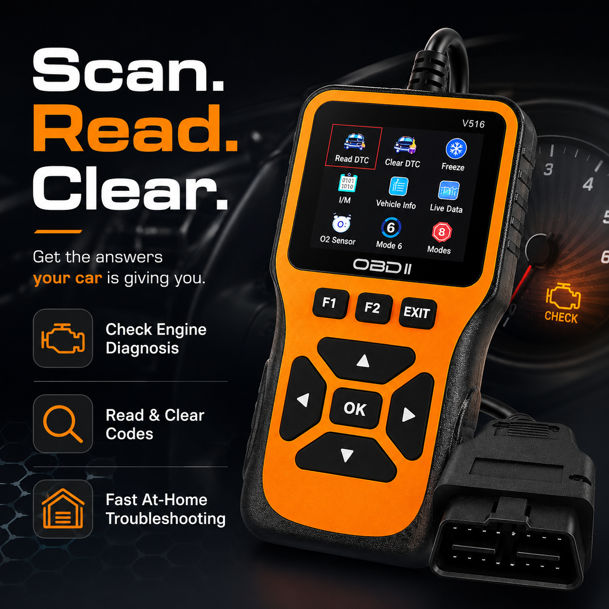V516 Obd2 เครื่องสแกนเนอร์เครื่องมือวินิจฉัย 8 ฟังก์ชั่นเครื่องอ่านรหัส Dtc Clear Live Data O2 Senso
