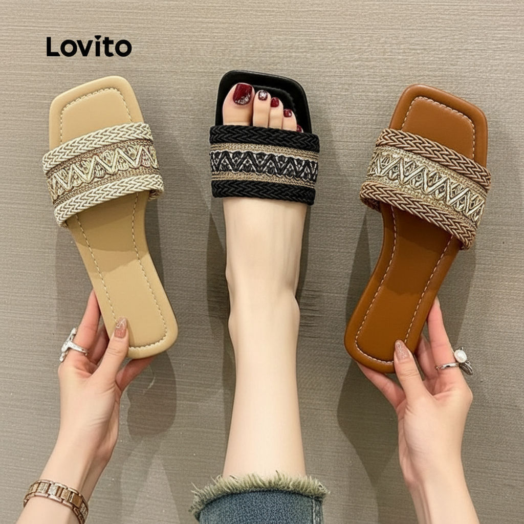 Lovito Boho รองเท้าแตะผู้หญิงสไตล์ชาติพันธุ์ฟางธรรมดา ซับเหงื่อ ใส่เที่ยววันหยุด เดินทาง พื้นแบน LFA