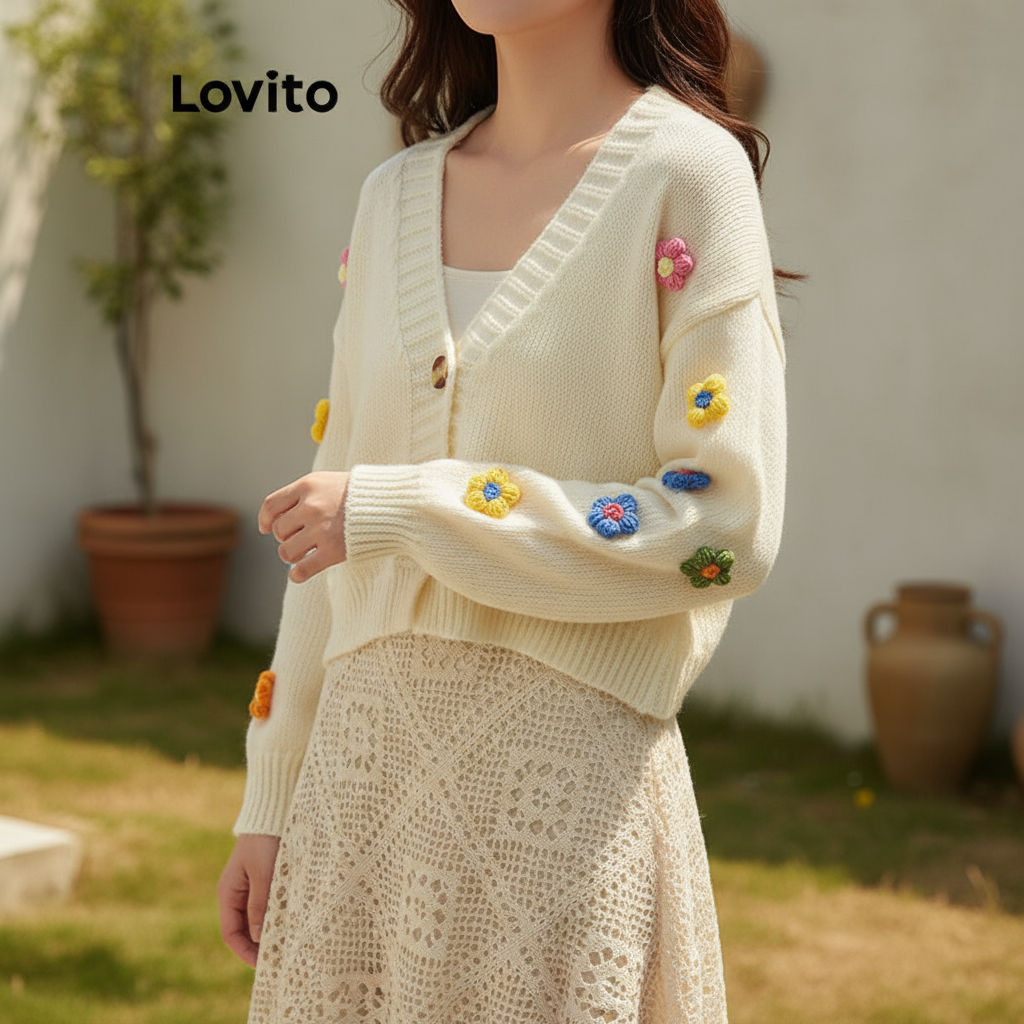 Lovito เสื้อกันหนาวผู้หญิงลายดอกไม้แบบลําลอง LNA42111