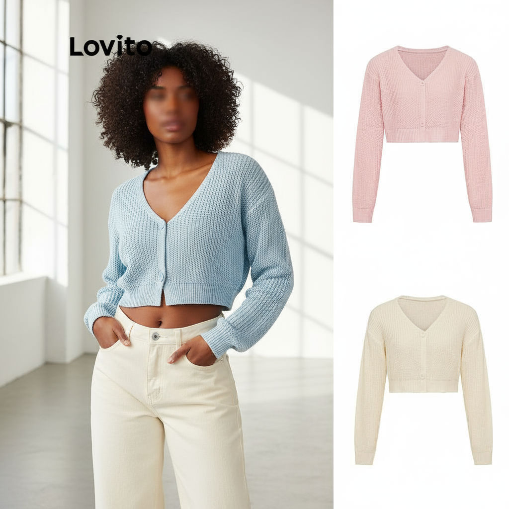 Lovito เสื้อคาร์ดิแกนลําลองเสื้อคาร์ดิแกนสเวตเตอร์ติดกระดุมแขนยาวคอวีสีพื้นสําหรับผู้หญิง L21LT110 (