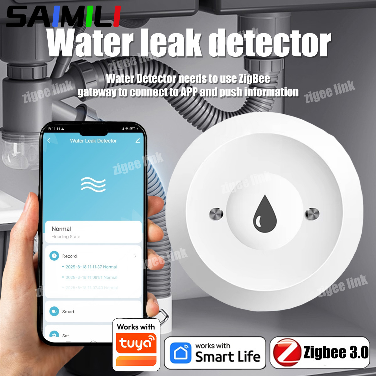 Home Security Alarm Saimili สมาร์ท Zigbee Water Sensor น้ําท่วมเครื่องตรวจจับการรั่วไหล APP การตรวจสอบระยะไกลสนับสนุน Home