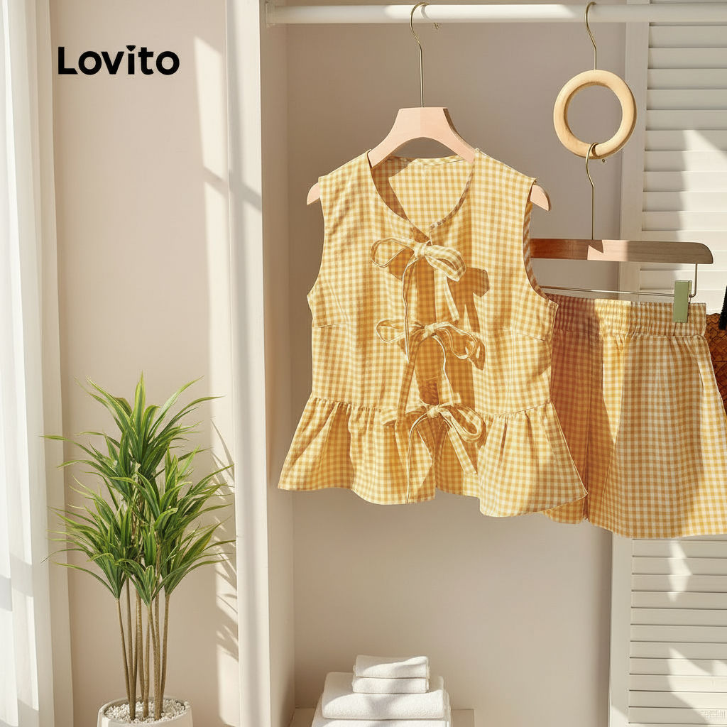 Lovito Casual Plain or Lace Detail Footwear Yellow for Women Spring/Summer Top or Bottom Set L154LD1