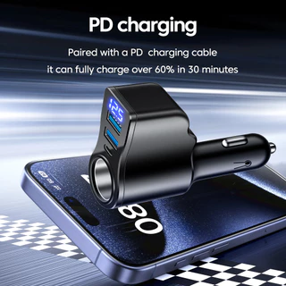 ที่ชาร์จในรถแบบ 4-in-1 มีหน้าจอแสดงผลดิจิตอล 2 USB 1 Type C ชาร์จเร็ว 3 พอร์ต สีดํา สําหรับใช้ในรถยนต์