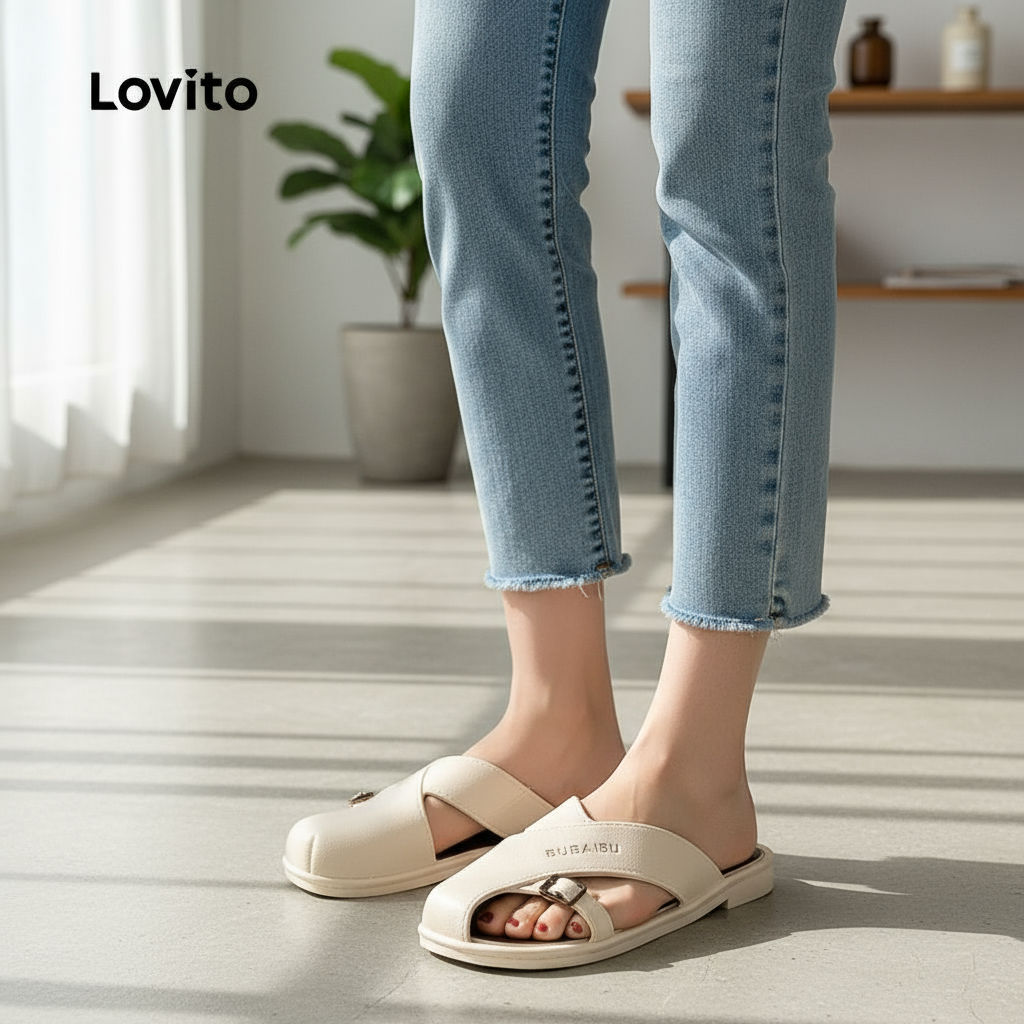 Lovito สบายๆ สไตล์เกาหลีผู้หญิงวันหยุดรองเท้าแตะแบนโรมันรูปทรงพิเศษ LFA76303