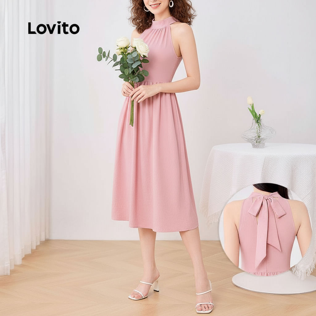 trendy5-Lovito ชุดเดรสสำหรับผู้หญิง แบบคอจีน ผ้าลื่นมือ สไตล์สบายๆ โบว์หลัง สีชมพู สำหรับฤดูใบไม้ผลิ