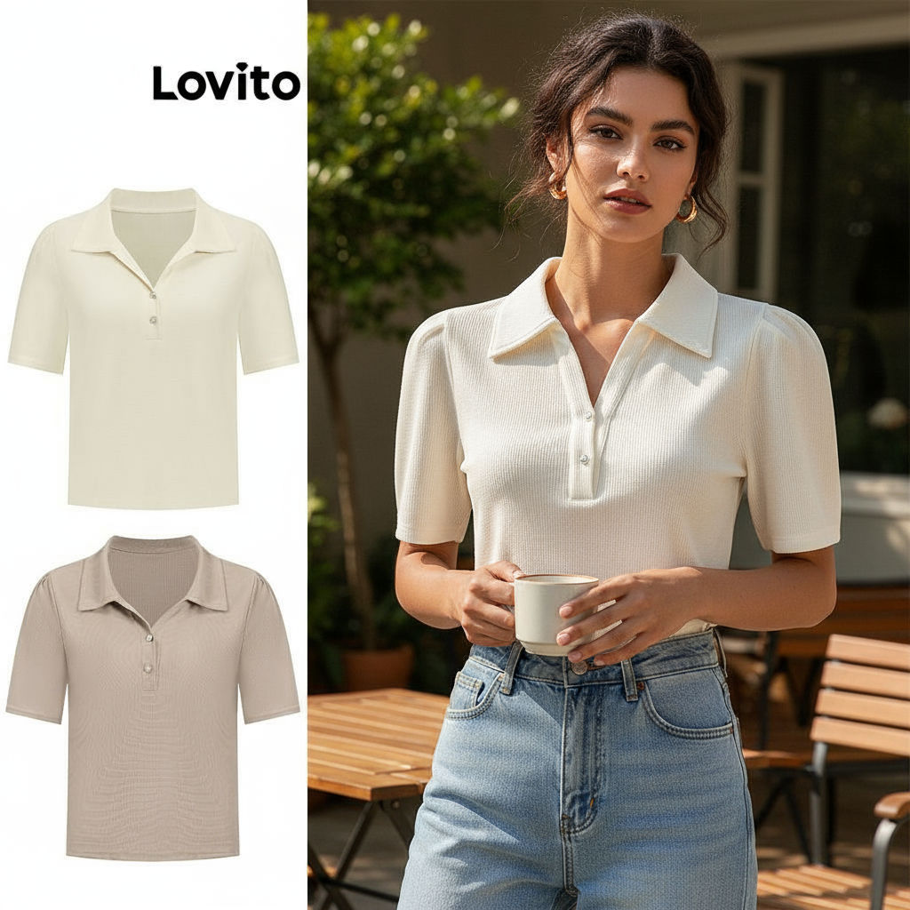 Lovito เสื้อยืดคอปกโปโลไข่มุกเรียบง่ายสําหรับผู้หญิง LBL10131