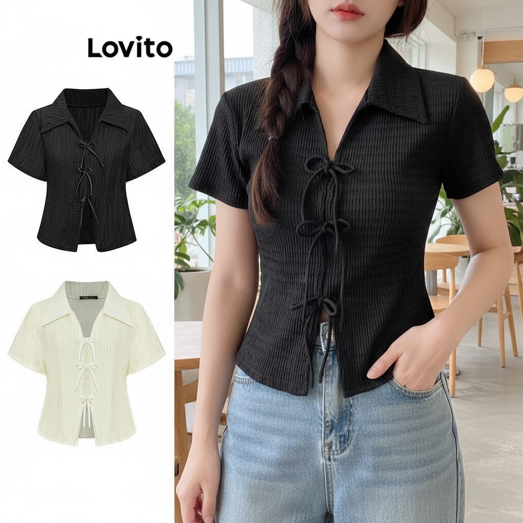 Lovito เสื้อยืดผู้หญิงน่ารัก ผ้าแจ็คการ์ด โบว์ฤดูร้อน สําหรับผู้หญิง L87ED028 (หลากสี)\6