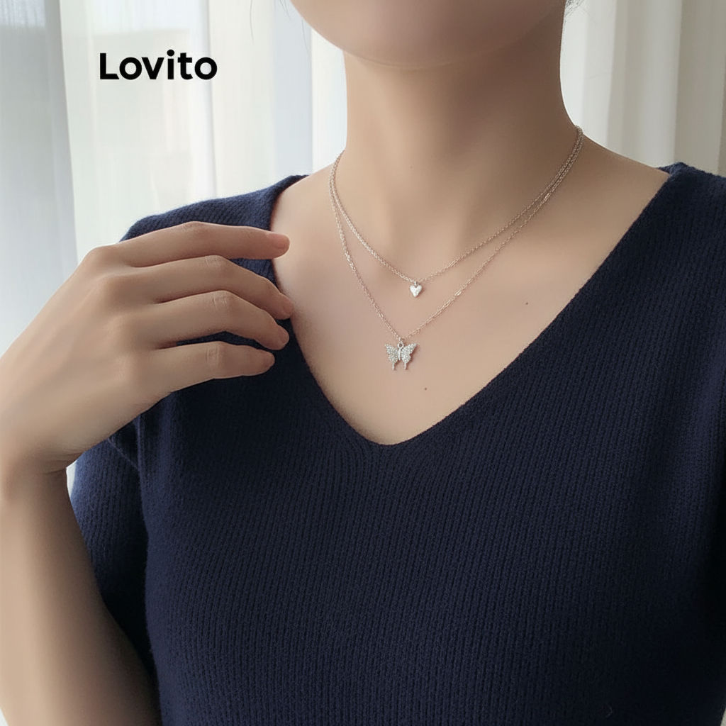 Lovito สร้อยคอ จี้รูปผีเสื้อ ผู้หญิง LNA14108 สีเงิน\4