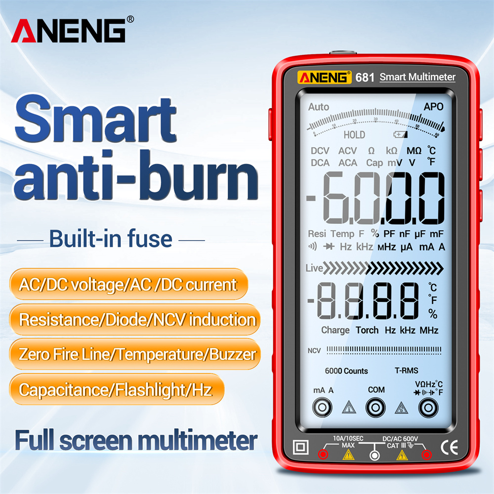 ANENG หนึ่งชุด 681 สมาร์ท Anti-Burn ชาร์จมัลติมิเตอร์, True RMS 6000 นับเครื่องทดสอบแรงดันไฟฟ้าพร้อมไฟฉาย NCV