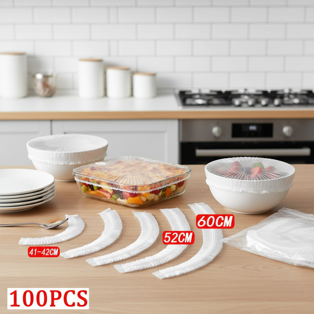 ชุด 100 ฝาครอบอาหารยืดได้ | ฟิล์มห่ออาหารปลอดสาร BPA ใช้แล้วทิ้ง | ถุงเก็บผลไม้และผัก | ปลอดภัยกับไมโครเวฟ | อุปกรณ์จัดระเบียบบ้านในครัว