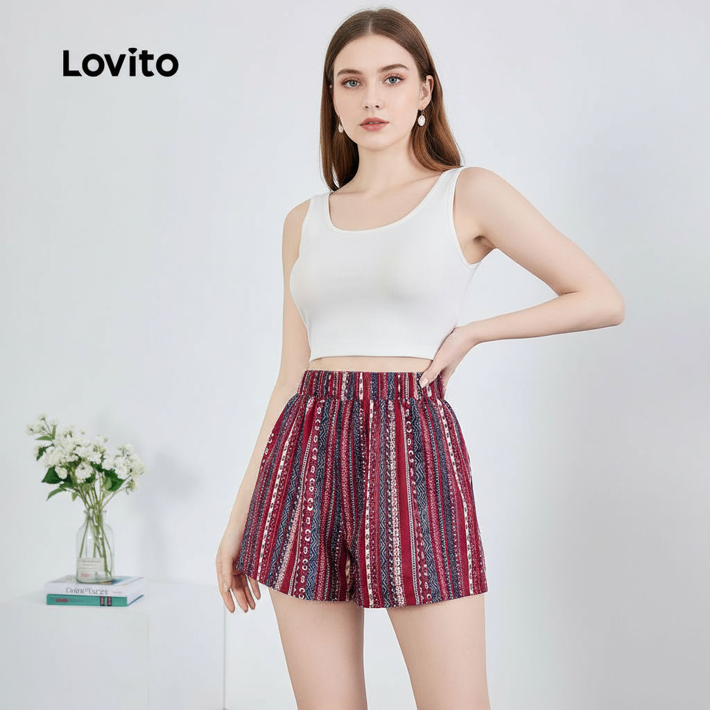 trendy5-Lovito กางเกงขาสั้นพิมพ์ลายชนเผ่าสไตล์โบฮีเมียนสำหรับผู้หญิง L128ED722