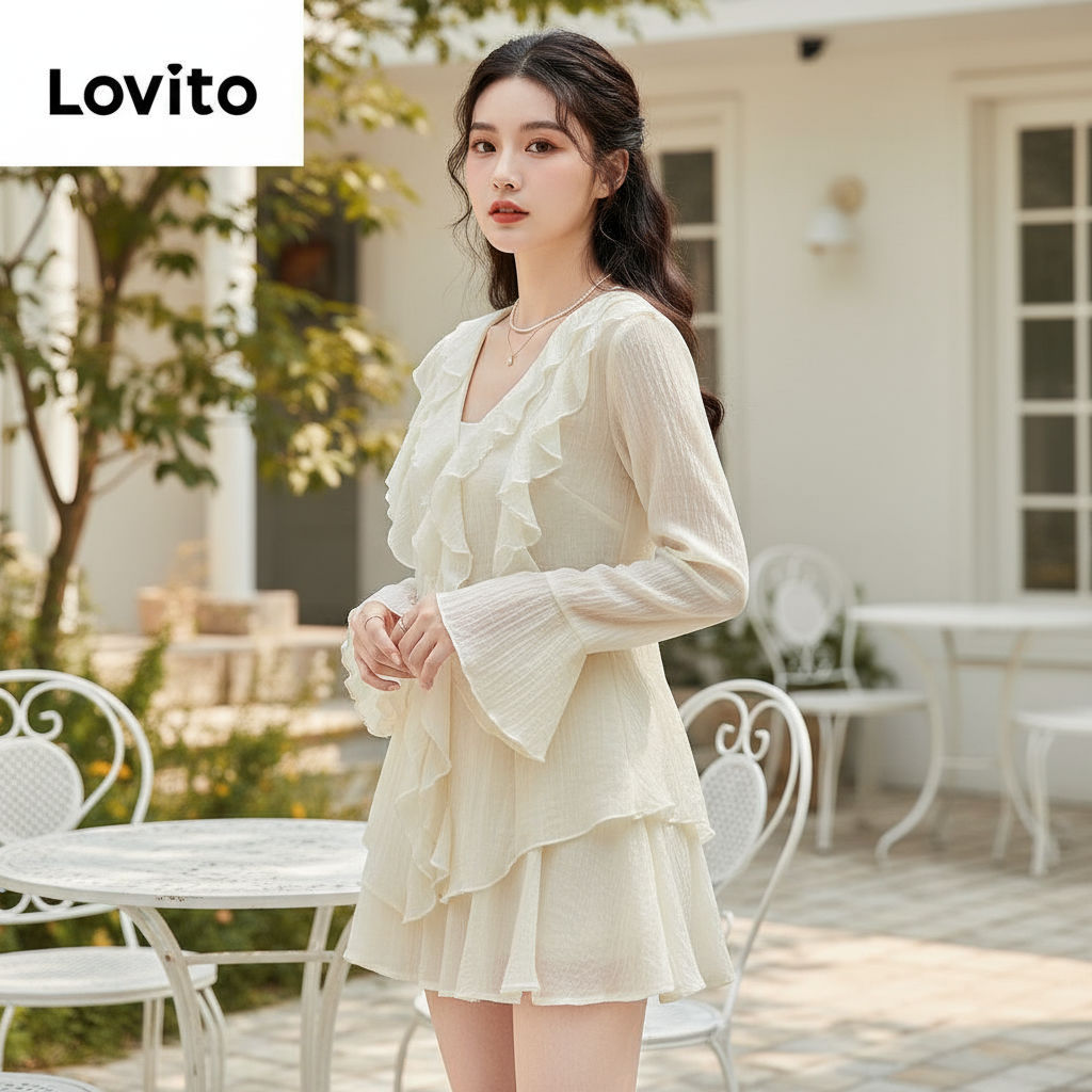 Lovito เสื้อผู้หญิงแต่งระบาย มีซับใน พร้อมเสื้อซับหรือกระโปรง L61AD100