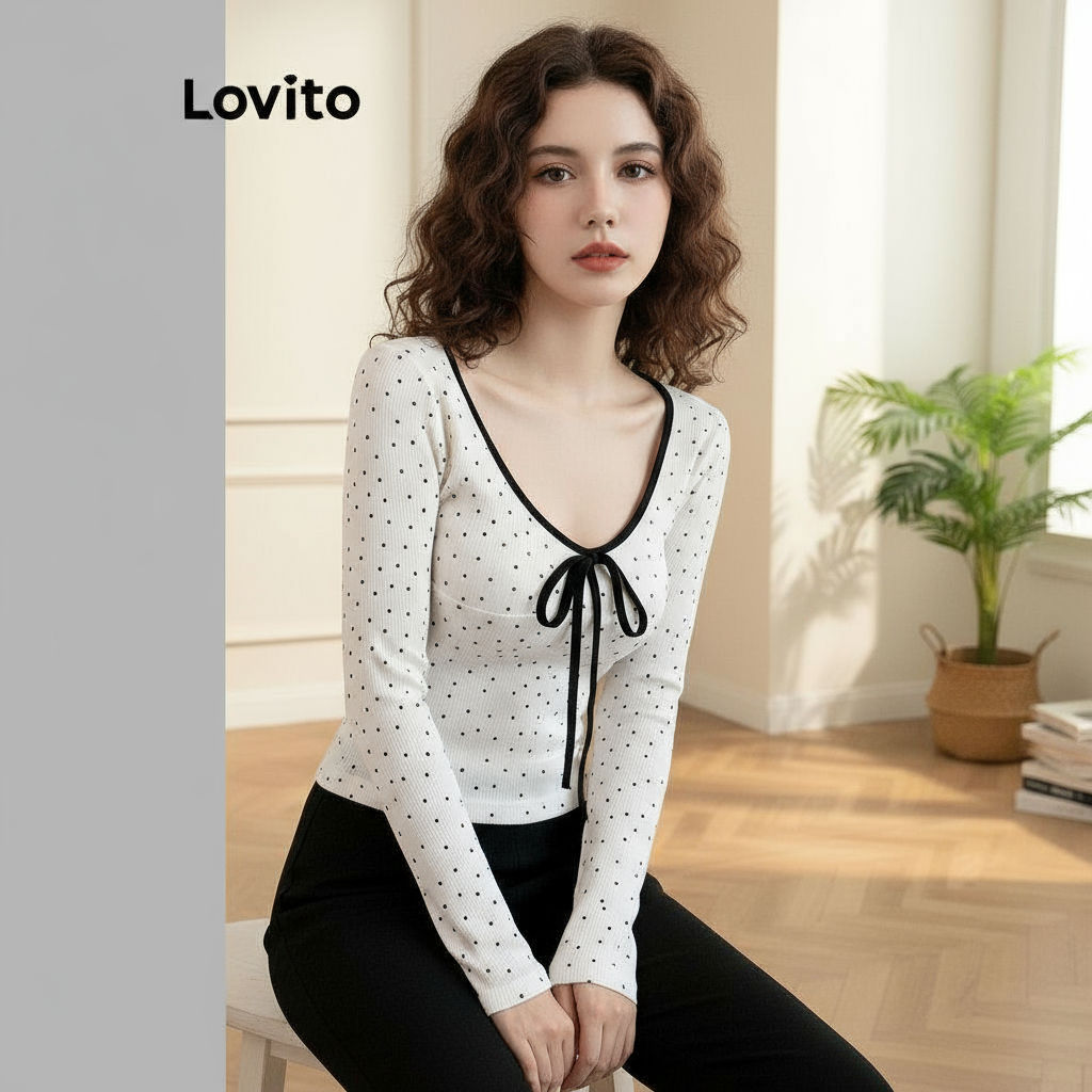 Lovito Women's Summer Spring Contrast Bow Binding Tie Casual T-Shirt L110AD470