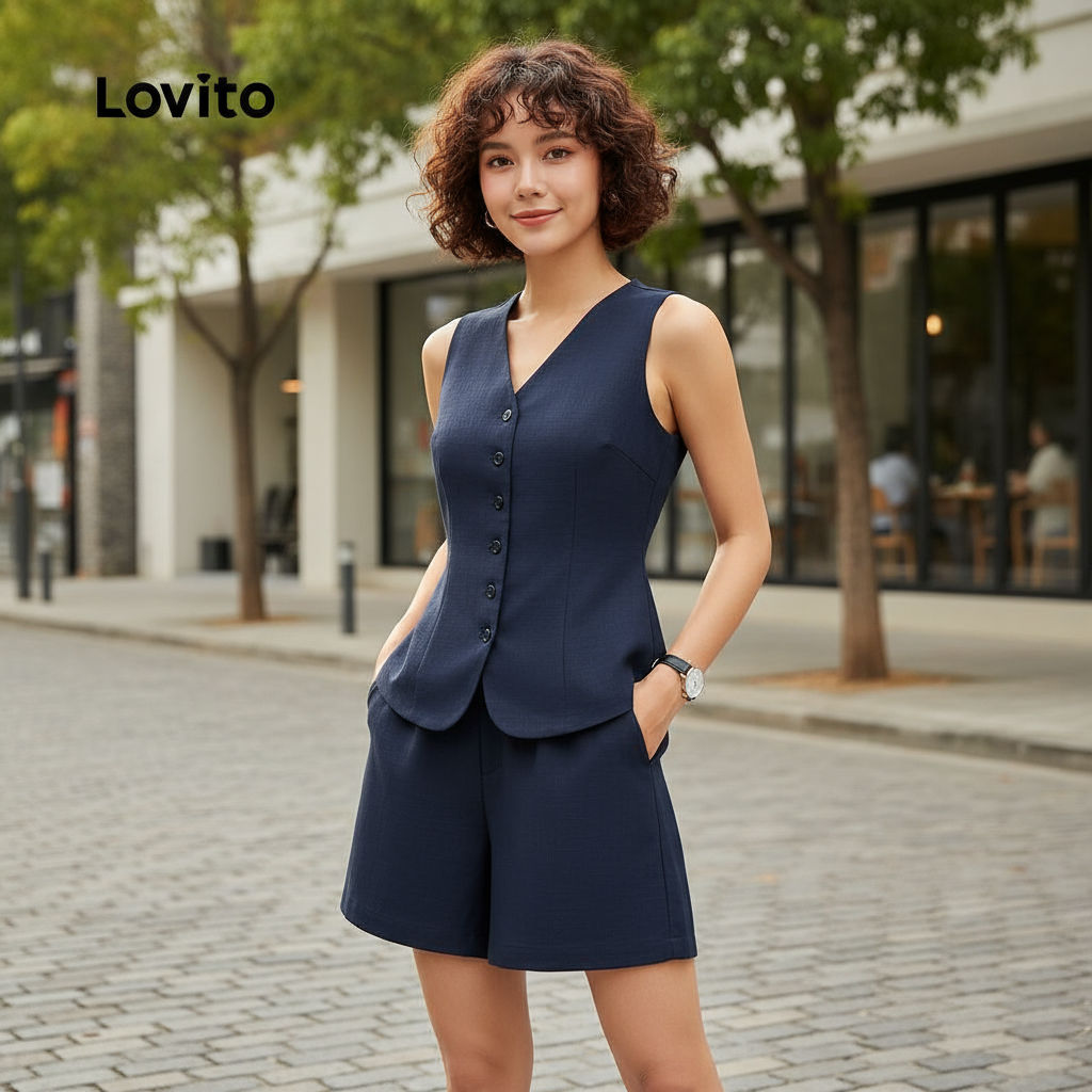 Lovito ชุดกางเกงขาสั้นสีเทาเข้มผ่าหน้าพร้อมกระดุมหรูหราสำหรับผู้หญิง LB135LD426