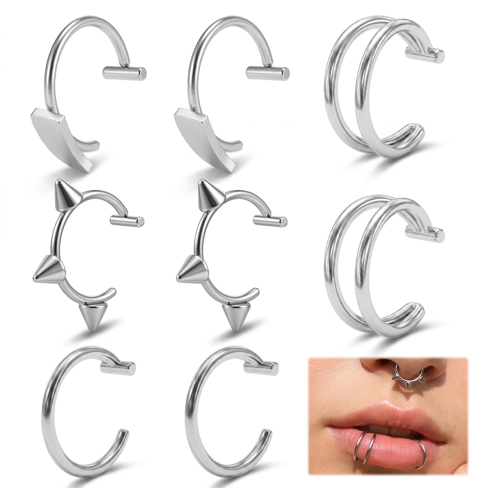 Unisex Clip on Snake Bites Lip & Nose Hoops Vampire Fangs สแตนเลส Halloween Party Decor 8 ชิ้น
